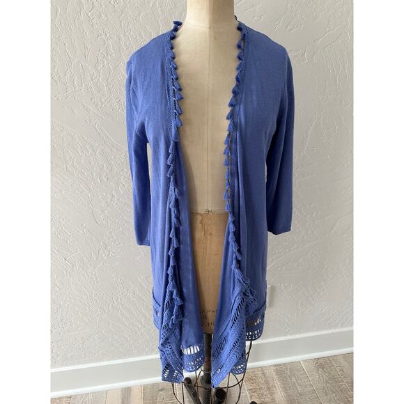 CHICOS | Tassel Linen Blend Cardigan Women's NEW Size Small Purple Lace Sweater - Picture 1 of 14